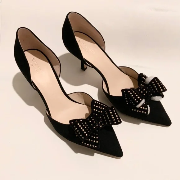 KATE SPADE Sterling Studded Bow Pointed Toe Pumps D’Orsay Black Dress Shoes 9 - Picture 3 of 11